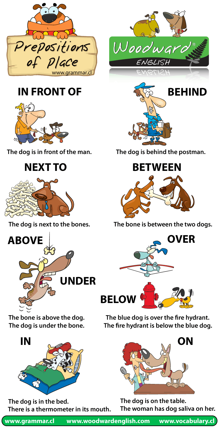 A chart showing different examples of Prepositions of Place