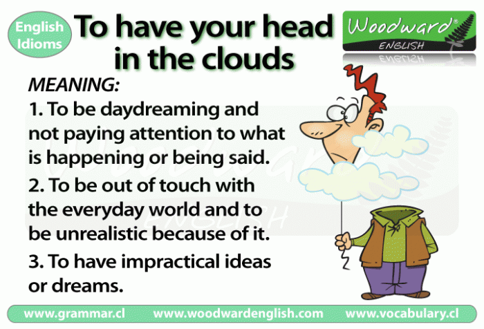 Meaning of the English Idiom - To have your head in the clouds