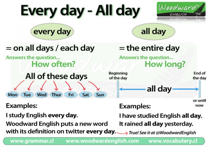 The difference between Every day and All day in English
