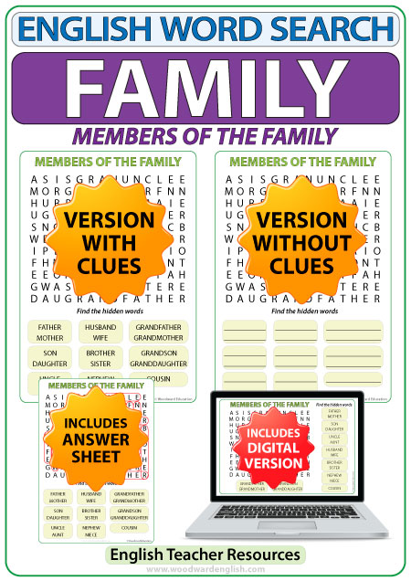 Learn English Family Members Word Search - Members of the Family Vocabulary