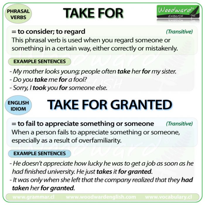 TAKE TO - Meanings and examples of this English Phrasal Verb as well as the meaning of TAKE FOR GRANTED.