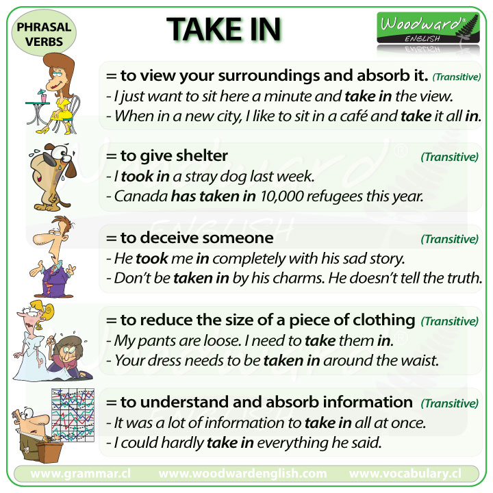 TAKE IN - Meanings and examples of this English Phrasal Verb