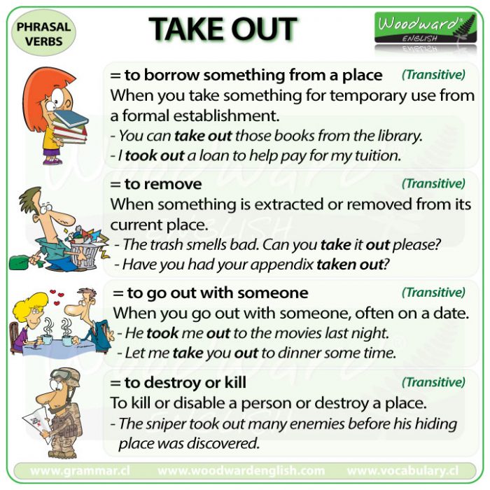 TAKE OUT - Meanings and examples of this English Phrasal Verb