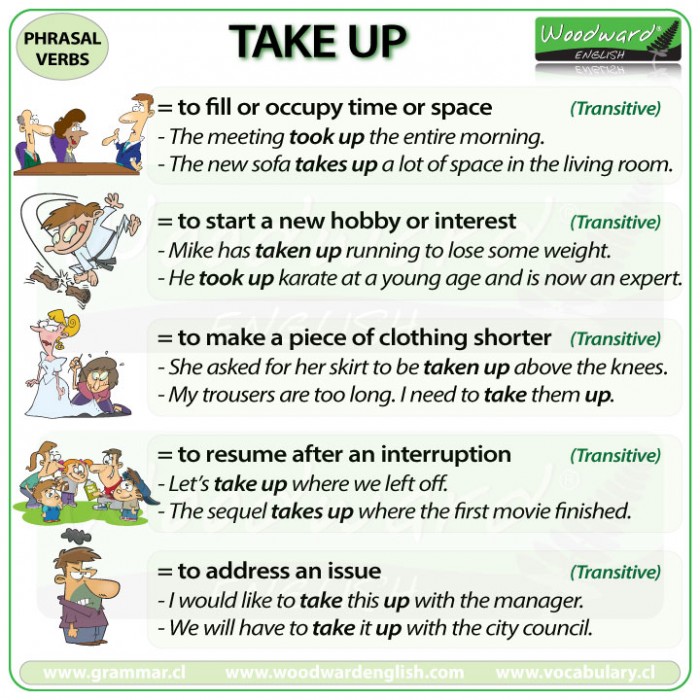 TAKE UP - Meanings and examples of this English Phrasal Verb