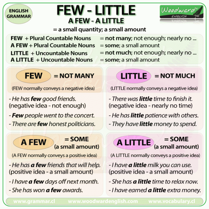 The difference between FEW, A FEW, LITTLE and A LITTLE in English