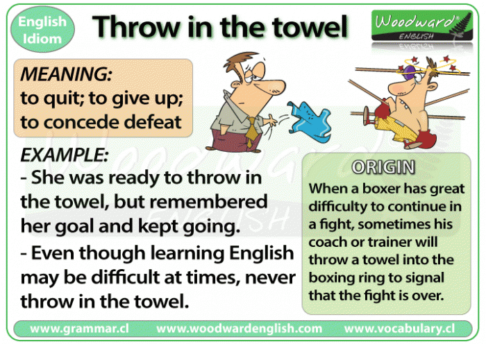 The meaning of the English Idiom: Throw in the towel. Includes Origin and example sentences.