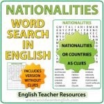 Word Search in English containing 21 nationalities.