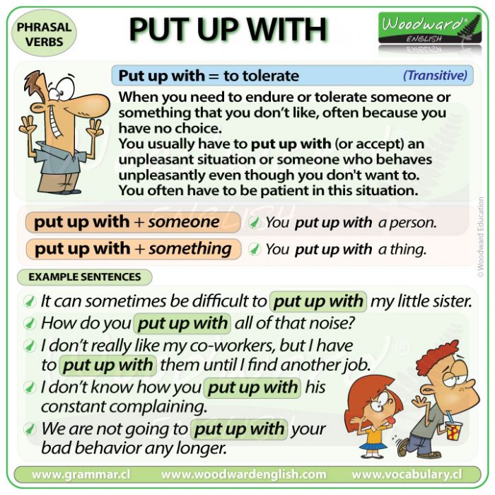PUT UP WITH - Meanings and examples of the English Phrasal Verb PUT UP WITH