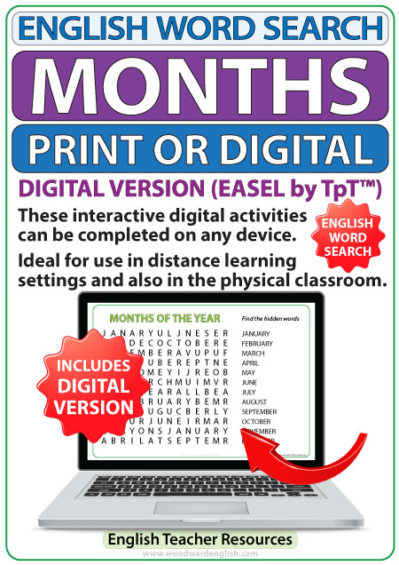 Months in English Word Search PDF and Online Digital Resource