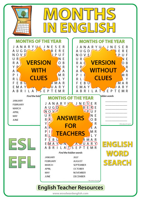 Months of the year in English - Word Search