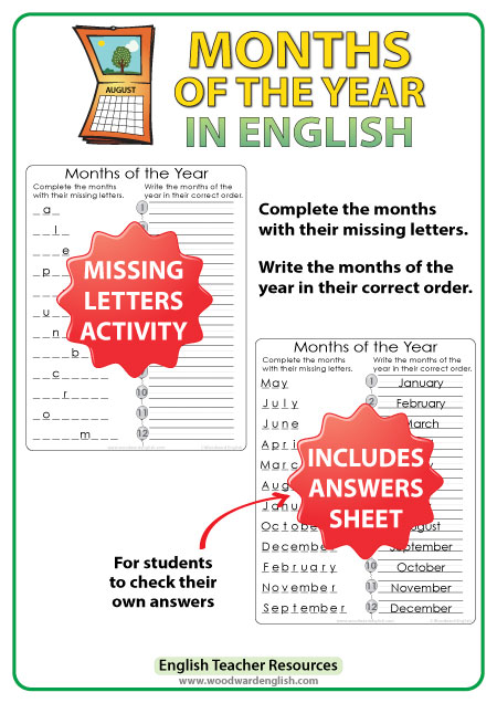 English Months of the Year - Missing letters and month order activity - ESL Resource.