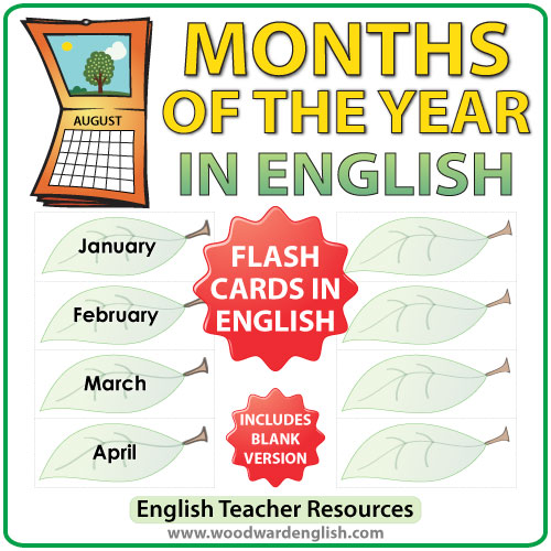 English Months of the Year - ESL Flash Cards - Leaf Design