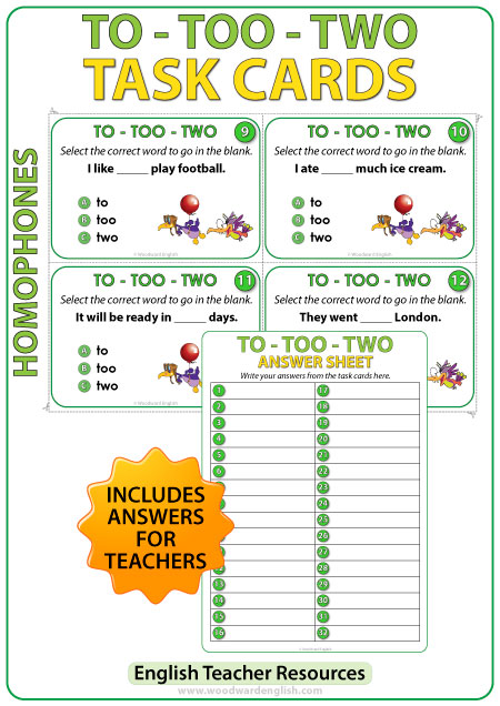 Homophones Task Cards - TO, TOO, TWO - English Teacher Resources