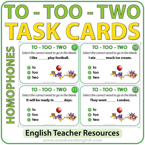 task cards to too two english