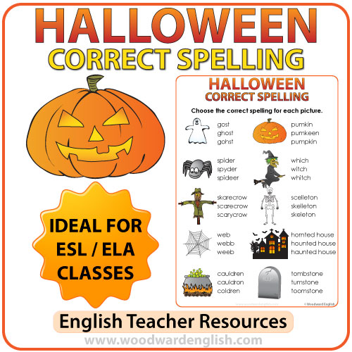 Spelling activity with vocabulary associated with Halloween in English.