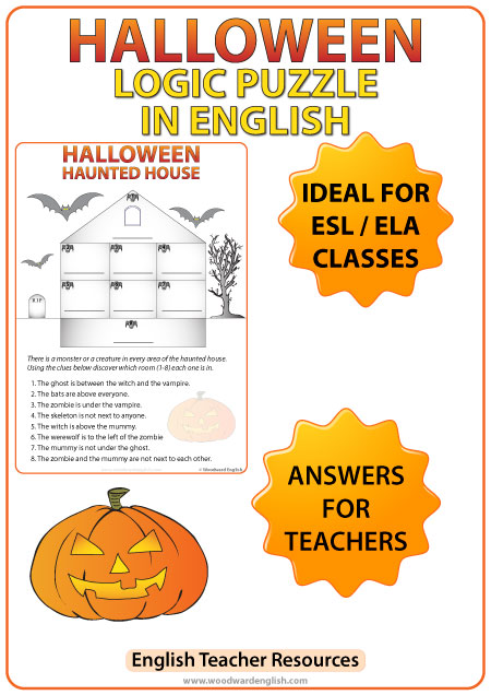 English Halloween Logic Puzzle ideal for ESL / ELA classrooms