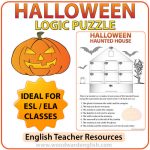 Logic Puzzle about Halloween in English. There is a haunted house with 8 rooms. Students need to discover which monsters are in each room.