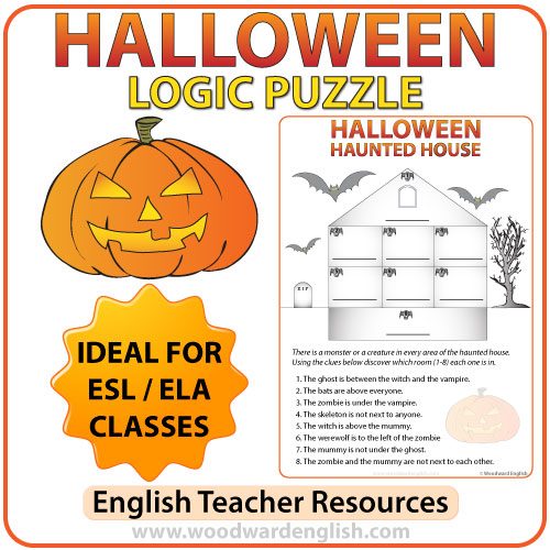 Logic Puzzle about Halloween in English. There is a haunted house with 8 rooms. Students need to discover which monsters are in each room.