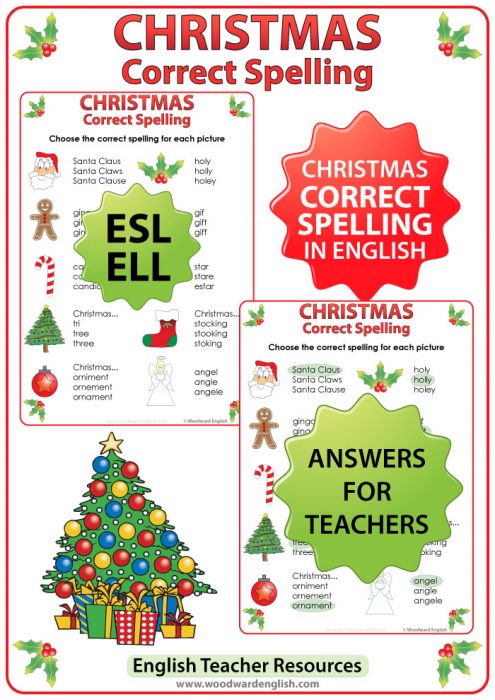 English spelling worksheet with vocabulary about Christmas.