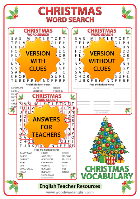 English Word Search with Christmas vocabulary. This word search is ideal for ESL classrooms.