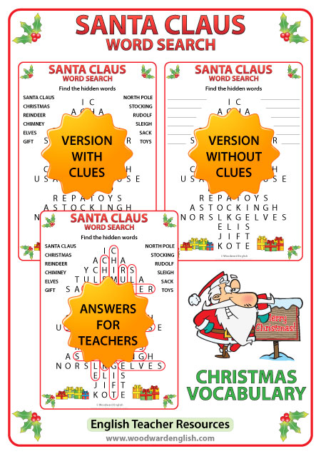 Santa Claus word search in English.