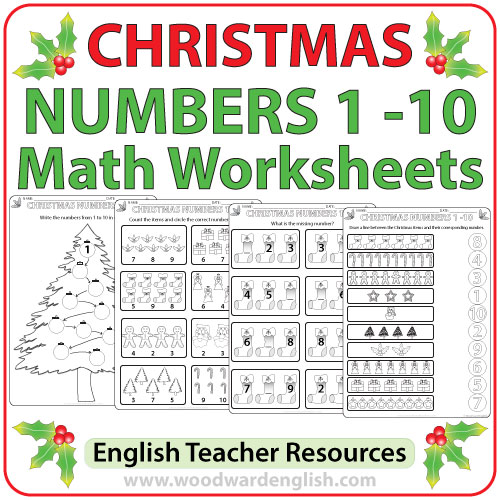 Math worksheets using a Christmas theme to help learn the numbers from 1 to 10 in English.