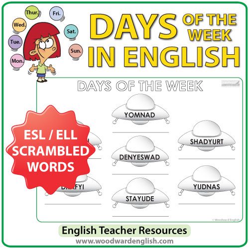 Days of the Week in English - ESL / ELL Worksheet - UFOs