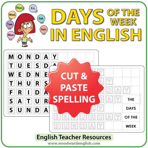 Days of the Week in English - Cut and Paste Spelling Activity ESL/ELL Teacher Resource