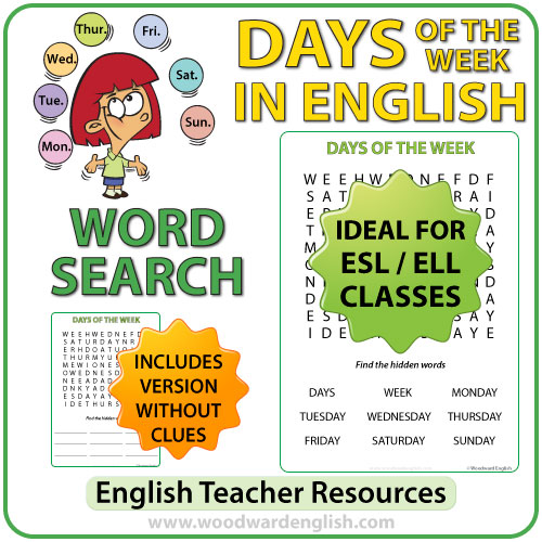 Word Search in English containing the days of the week.