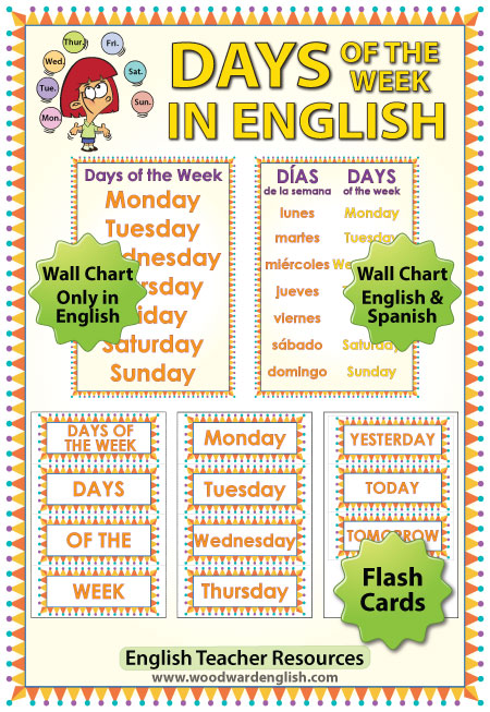 Text in Spanish: Monday, Tuesday, Wednesday, Thursday, Friday