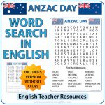 ANZAC Day Word Search in English. Vocabulary associated with the events of the 25th of April.