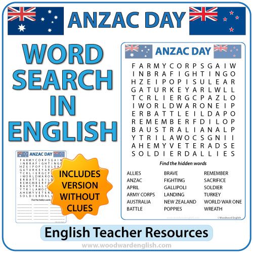 ANZAC Day Word Search in English. Vocabulary associated with the events of the 25th of April.