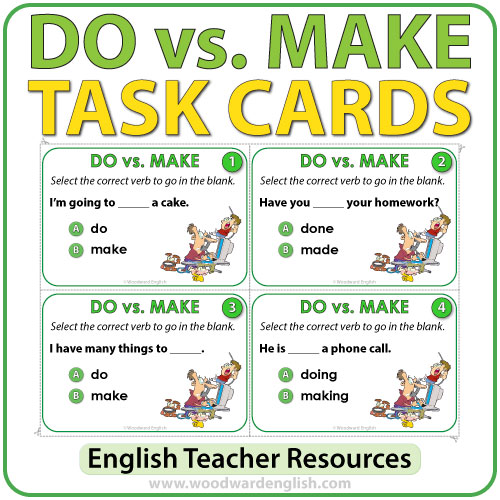 ESL/ELL Task cards to practice the difference between DO and MAKE in English.