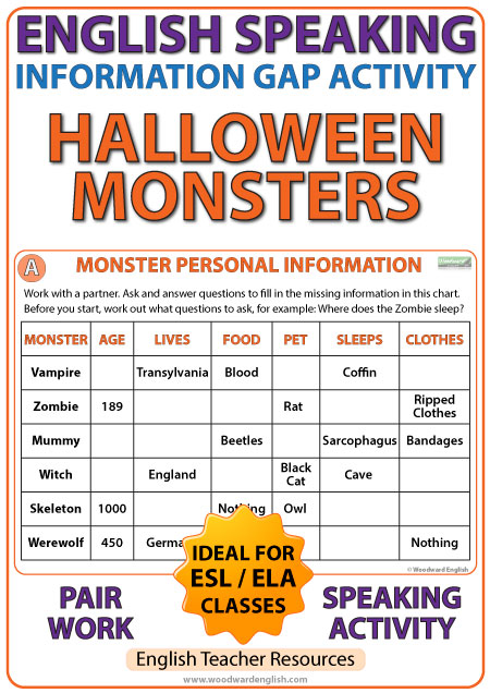 English Information Gap Activity - Halloween Monsters - ESL Pair Work