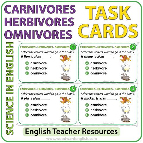 32 Science task cards - The difference between Carnivores, Herbivores, and Omnivores in ENGLISH