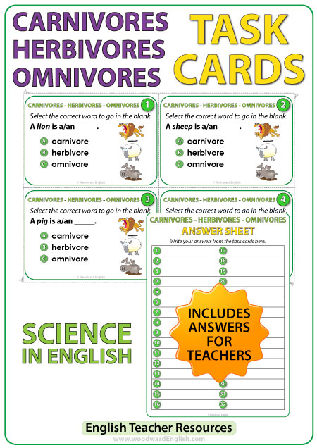 Carnivores, Herbivores, and Omnivores - Task Cards in English