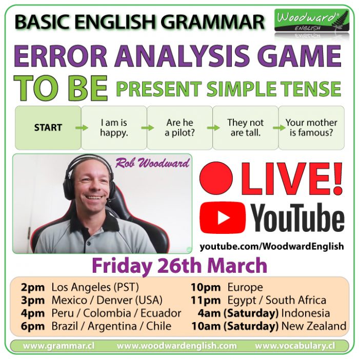 Live English on YouTube - Error Analysis Game - TO BE - Present Simple Tense