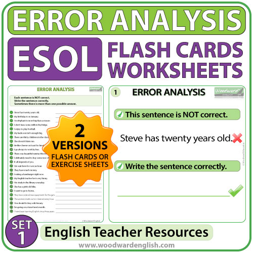 English Error Analysis Flash Cards Worksheets Set 1 Woodward English