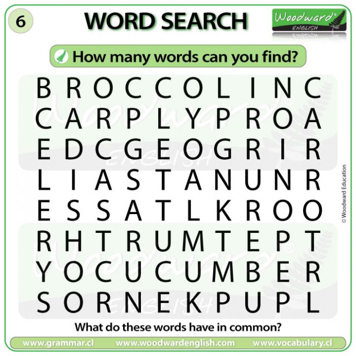 Vegetables Word Search in English - Woodward English Word Search 6 about vegetables