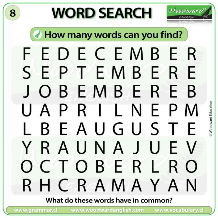 Months Word Search in English - Woodward English Word Search about Months