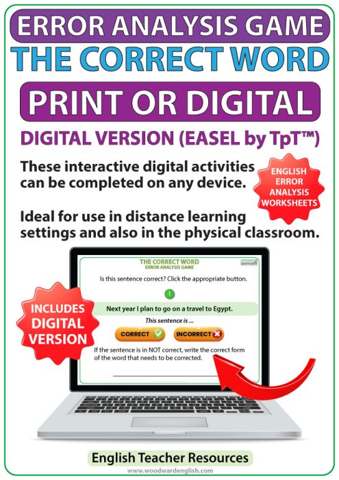 ESOL error analysis game - The Correct Word - Printable worksheet and Digital version ideal for distance learning or classroom devices.