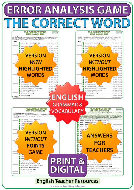 English error analysis game called The Correct Word - Printable worksheet and Digital version
