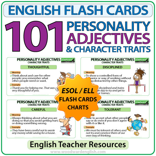 101 Personality Adjectives and Character Traits in English – Flash Cards /  Charts Woodward English