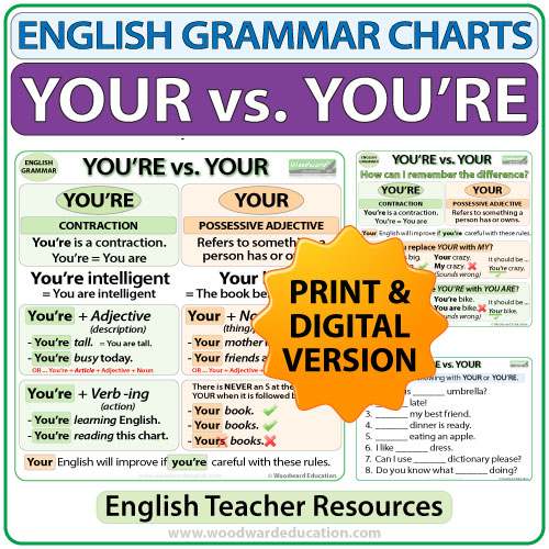 YOUR vs. YOU'RE English Grammar Charts - English Teacher Resource - Ideal for Common Core State Standards L.4.1g