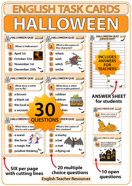 English Halloween Quiz - Task Cards PDF - Teacher resource by Woodward English