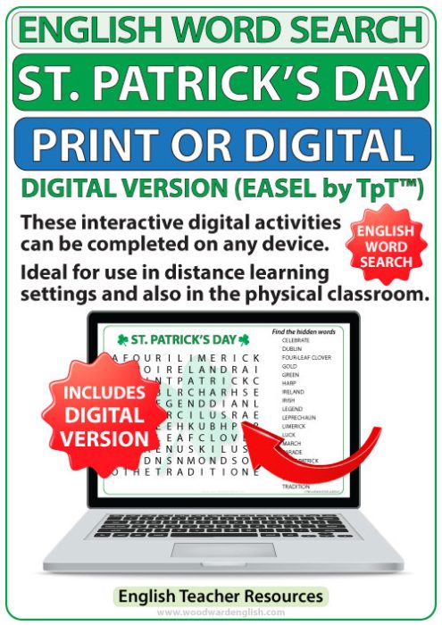 Saint Patrick's Day English Word Search Online - Woodward English Teacher Resource